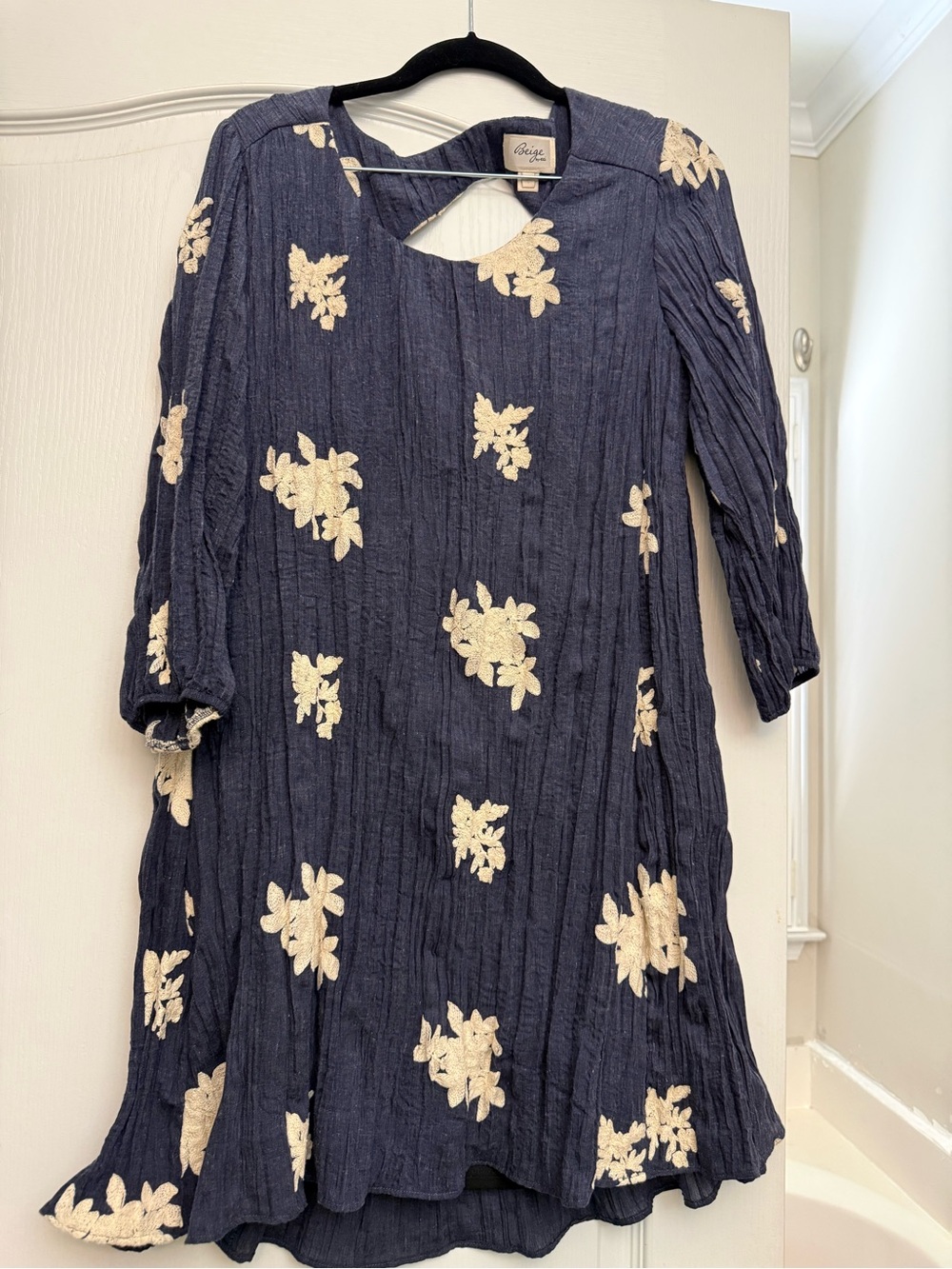 Beige by eci Navy Blue Dress with Cream Floral Embroidery